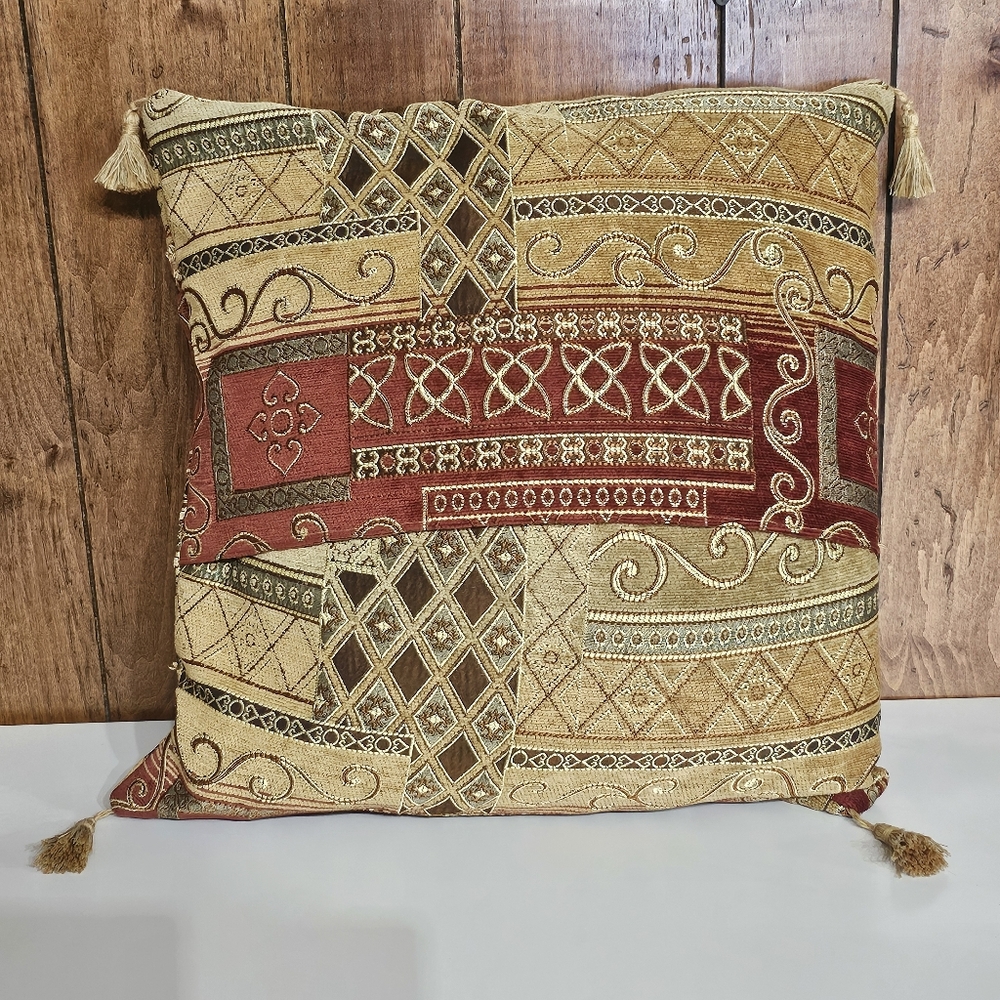 Empress Decorative Pillow Tassles  Rust Gold Brown Tapestry Middle Eastern EUC